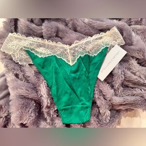 Stella McCartney Emerald Silk Thong with Cream Lace